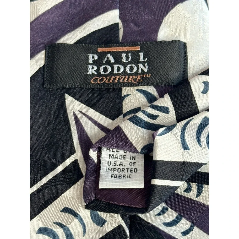 Paul Rodon‎ Couture Necktie Mens Purple White Black Abstract Geometric Silk Tie